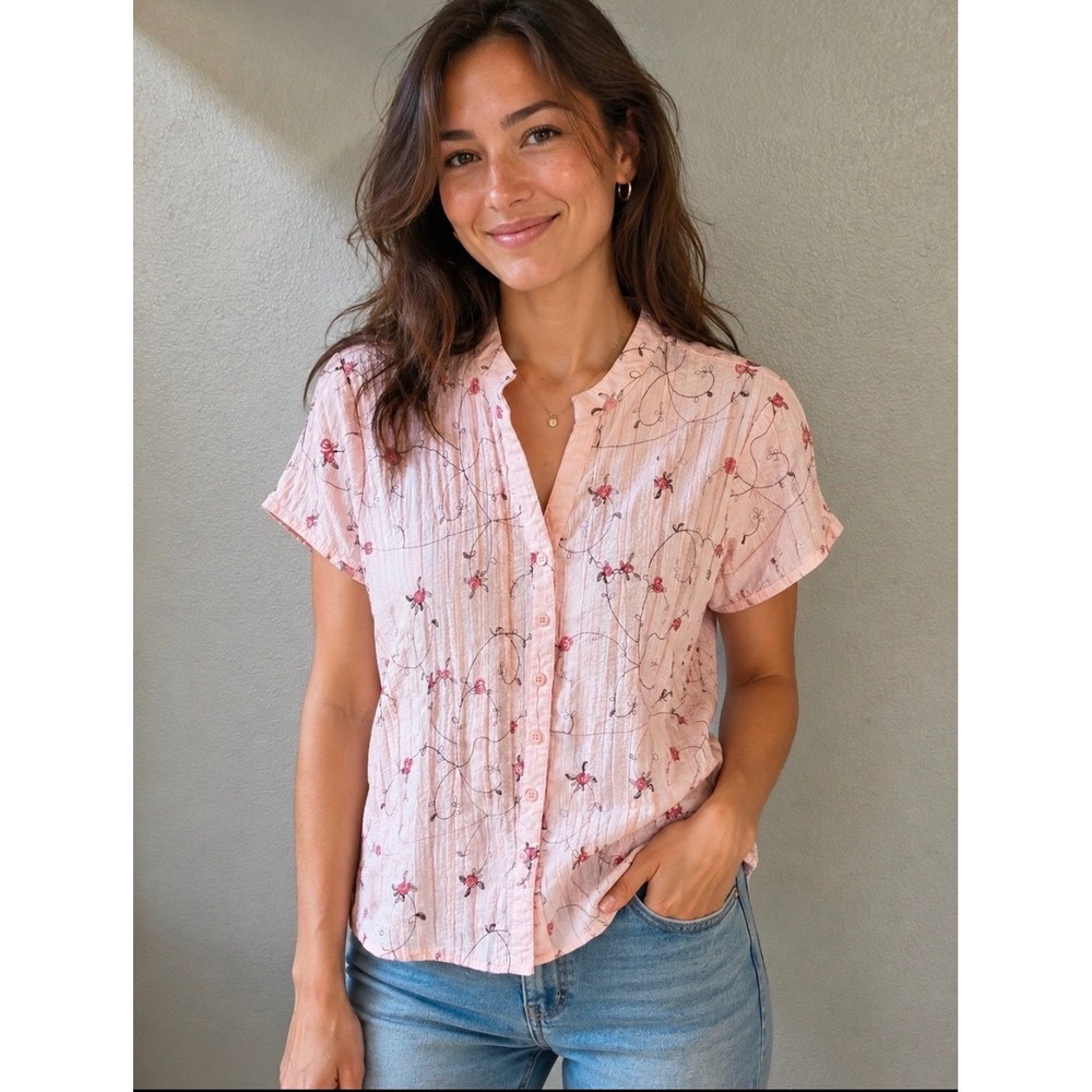 Lemon Grass Petite Blouse Women PXL Pink Floral Embroidered Pintuck Short Sleeve